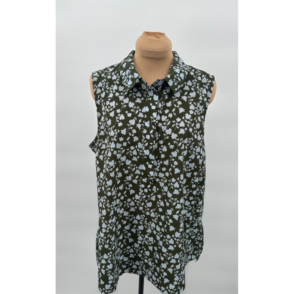 Cabi Sleeveless Blouse Floral Print‎ Button Down Olive Green Casual Top